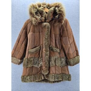 Handmade Ukrainian Brow Sheepskin Patchwork Leather Fur Hooded Girls Coat 12/14